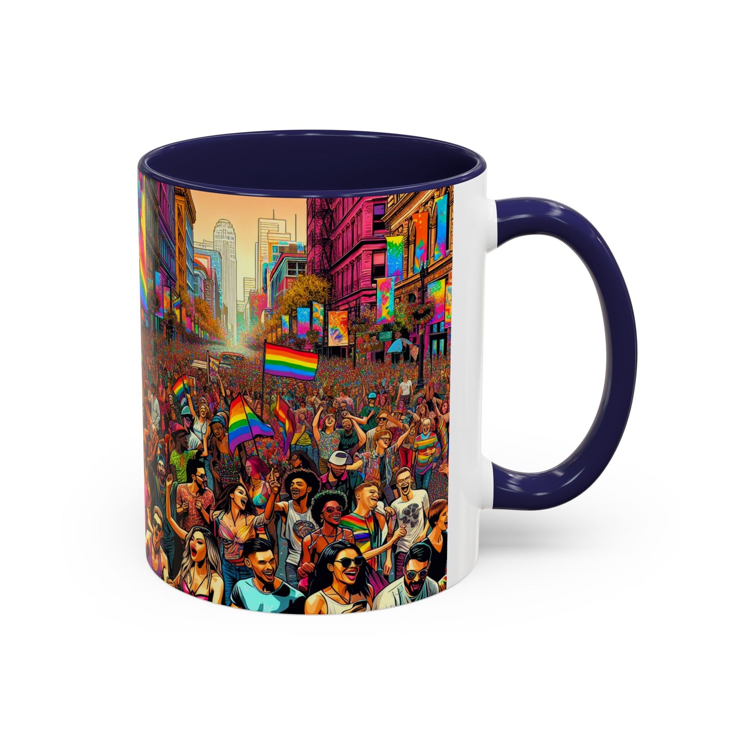 Pride Parade Accent Coffee Mug, Vibrant Rainbow Design, LGBTQ+ Celebration Mug, Colorful Drinkware for Friends, Gift for Pride Month 11oz