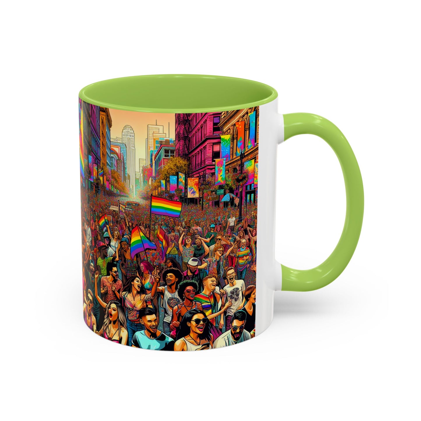 Pride Parade Accent Coffee Mug, Vibrant Rainbow Design, LGBTQ+ Celebration Mug, Colorful Drinkware for Friends, Gift for Pride Month 11oz
