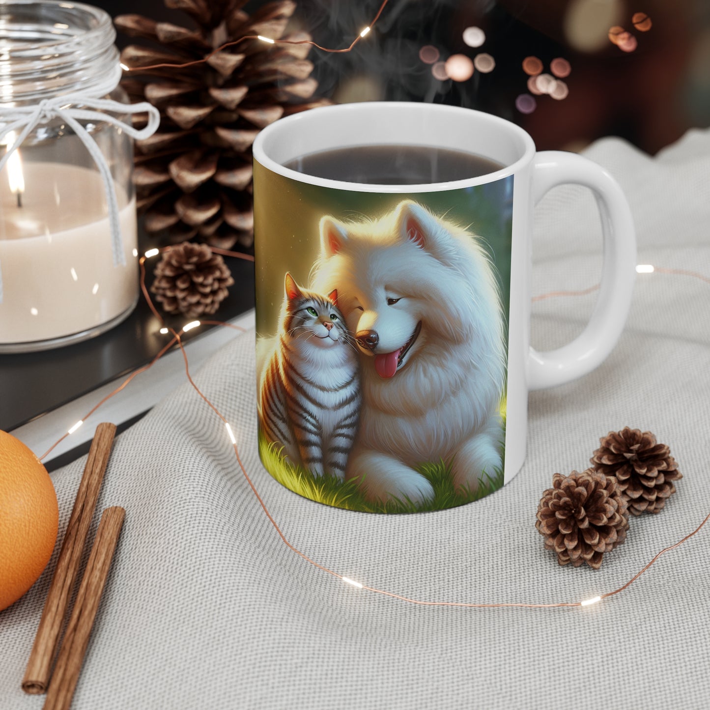 Great quality Joyful Pet Friendship Ceramic Coffee Mug - 11oz and 15oz - Fast delivery - Gift worthy - Dog - Cat - Samoyed - Tabby - Animal