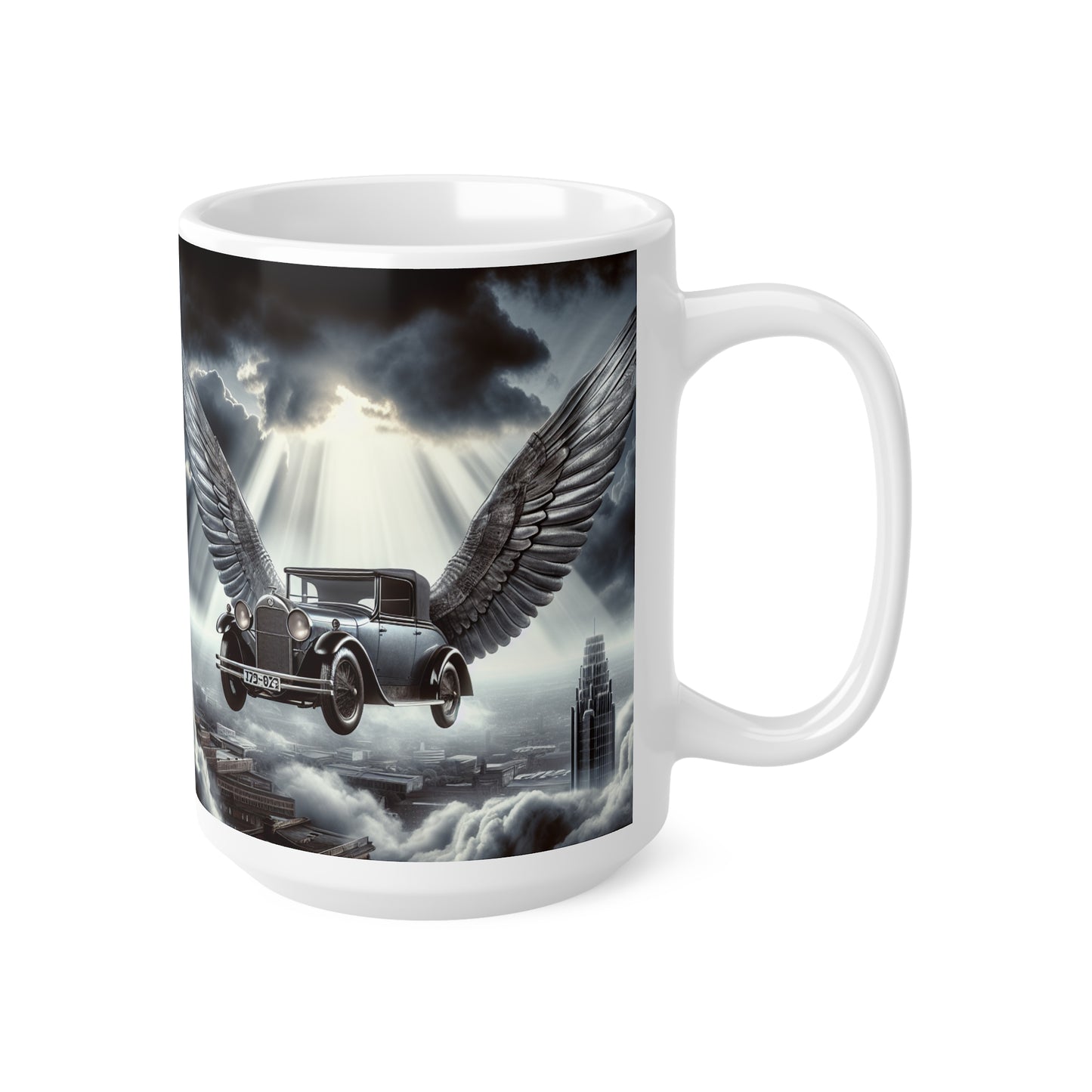 Vintage Winged Car Ceramic Coffee Mug, Ideal for Car Lovers, Unique Gift for Birthdays, Retro Aesthetic Mug, Fantasy Coffee Cup, peaky