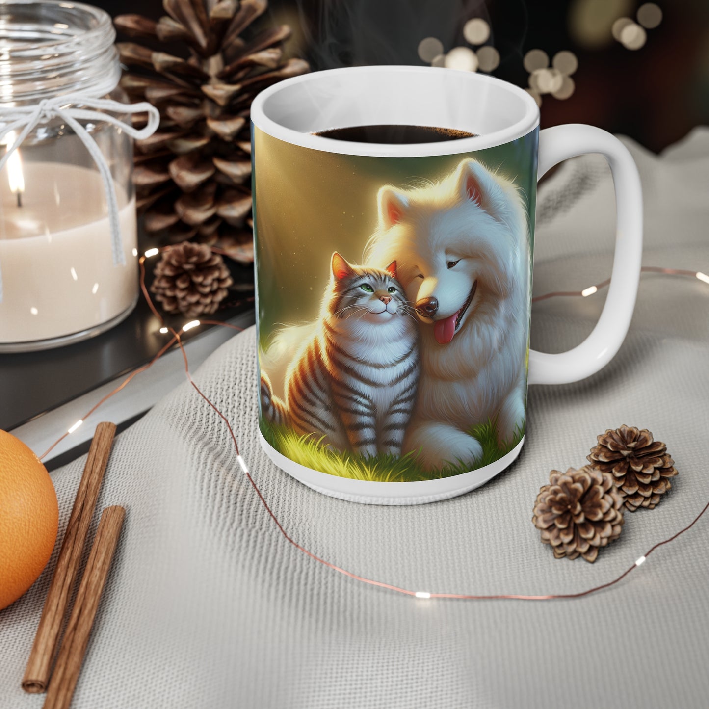 Great quality Joyful Pet Friendship Ceramic Coffee Mug - 11oz and 15oz - Fast delivery - Gift worthy - Dog - Cat - Samoyed - Tabby - Animal