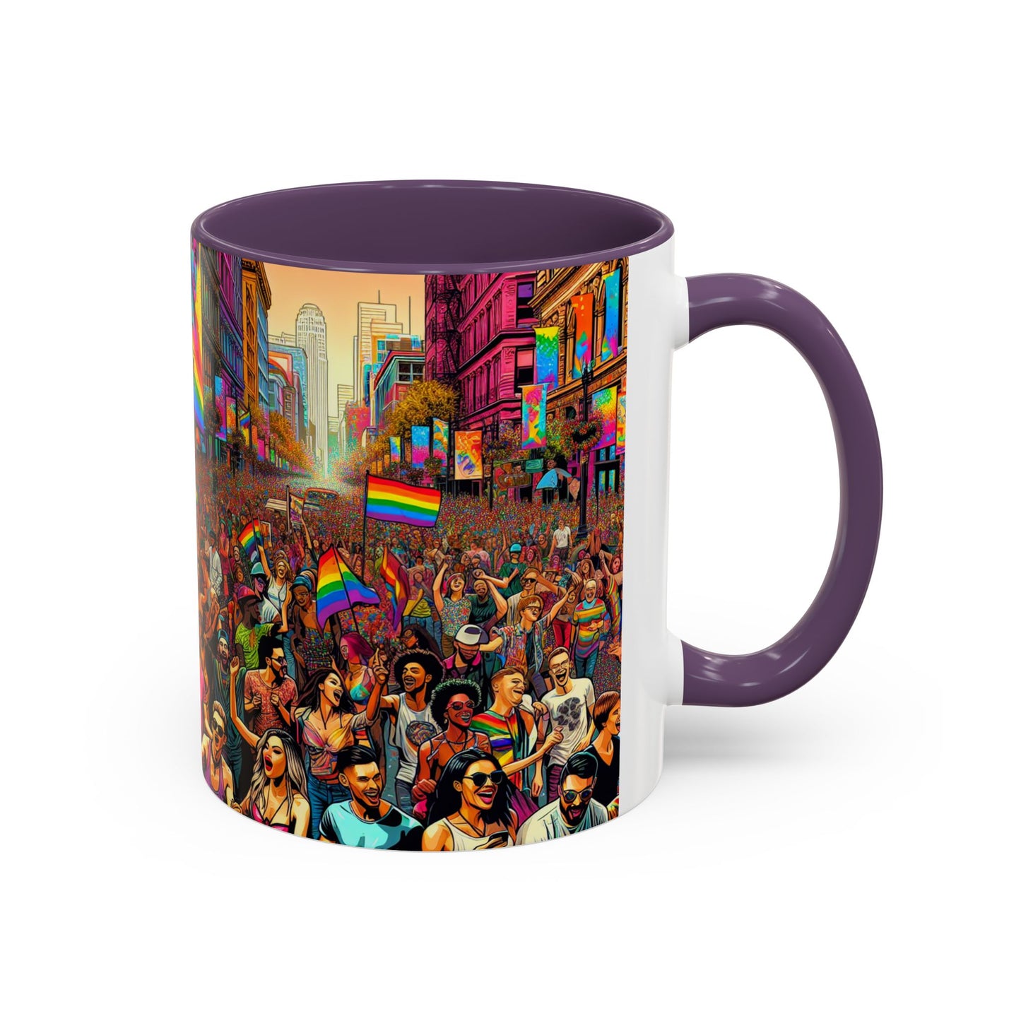 Pride Parade Accent Coffee Mug, Vibrant Rainbow Design, LGBTQ+ Celebration Mug, Colorful Drinkware for Friends, Gift for Pride Month 11oz