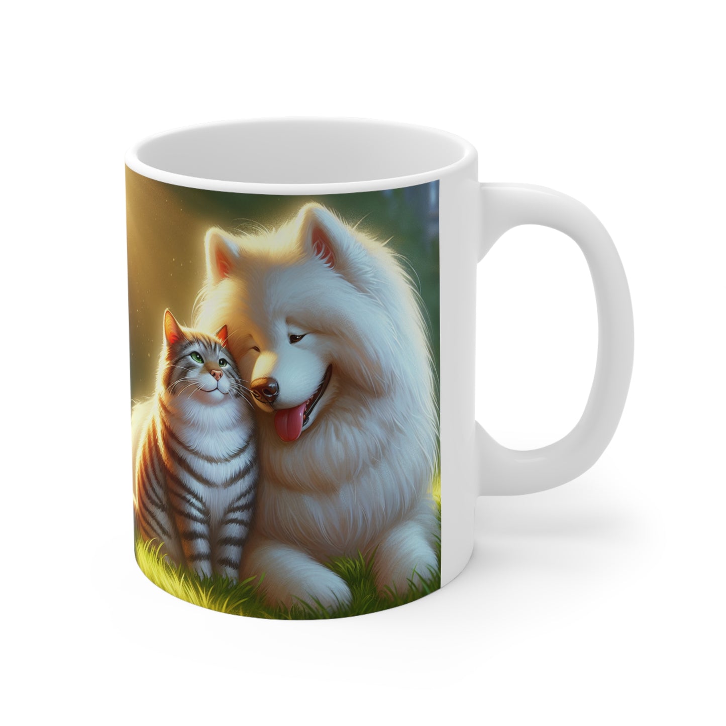 Great quality Joyful Pet Friendship Ceramic Coffee Mug - 11oz and 15oz - Fast delivery - Gift worthy - Dog - Cat - Samoyed - Tabby - Animal
