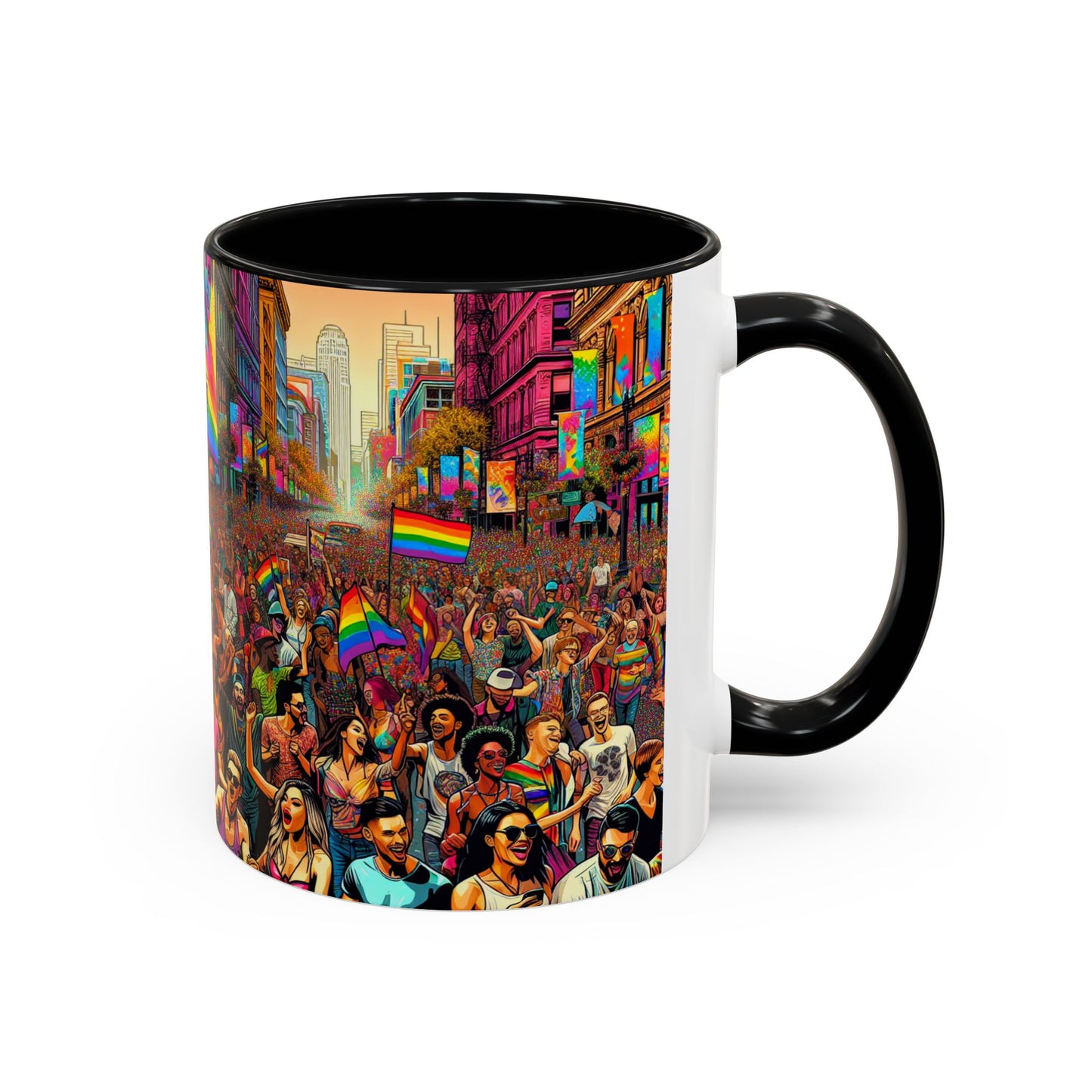 Pride Parade Accent Coffee Mug, Vibrant Rainbow Design, LGBTQ+ Celebration Mug, Colorful Drinkware for Friends, Gift for Pride Month 11oz