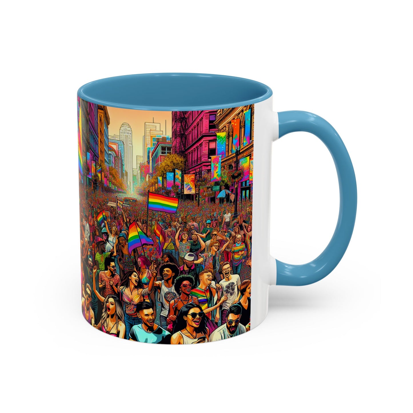 Pride Parade Accent Coffee Mug, Vibrant Rainbow Design, LGBTQ+ Celebration Mug, Colorful Drinkware for Friends, Gift for Pride Month 11oz