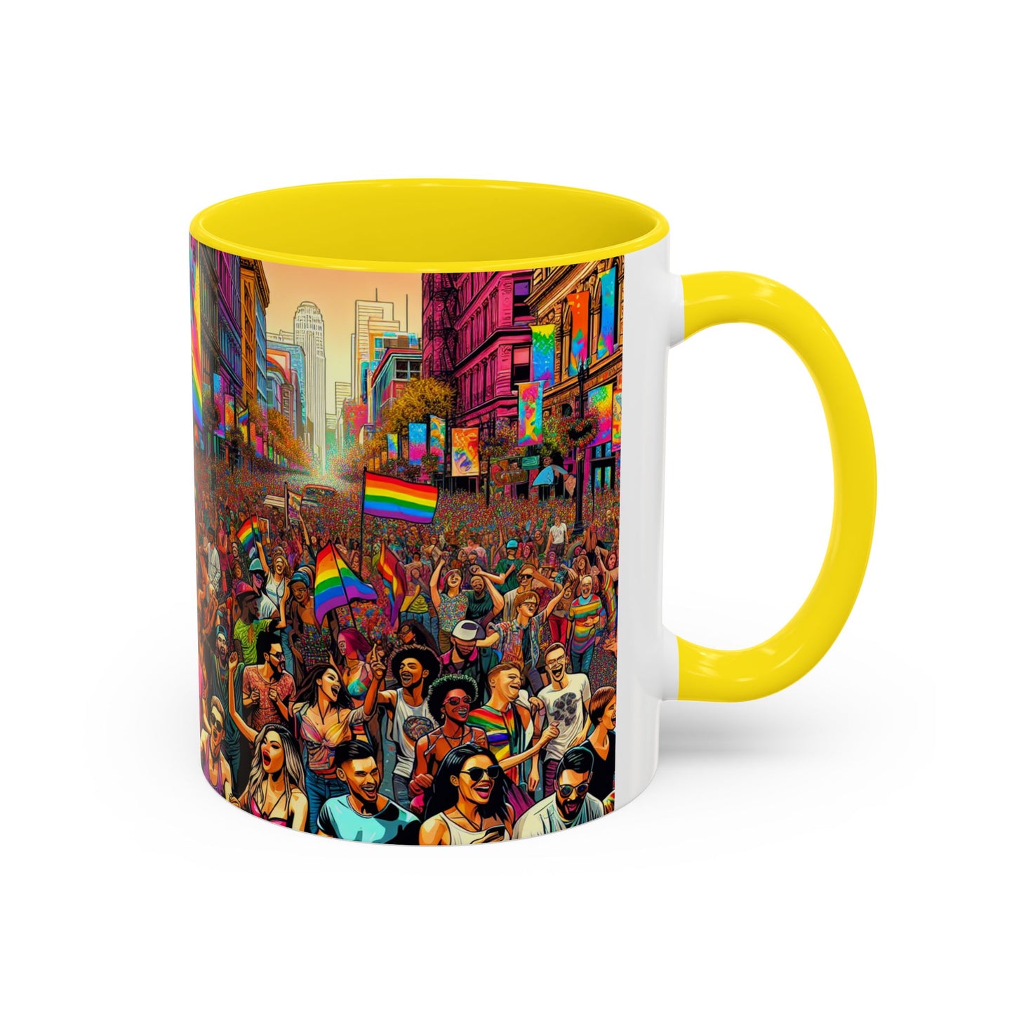 Pride Parade Accent Coffee Mug, Vibrant Rainbow Design, LGBTQ+ Celebration Mug, Colorful Drinkware for Friends, Gift for Pride Month 11oz