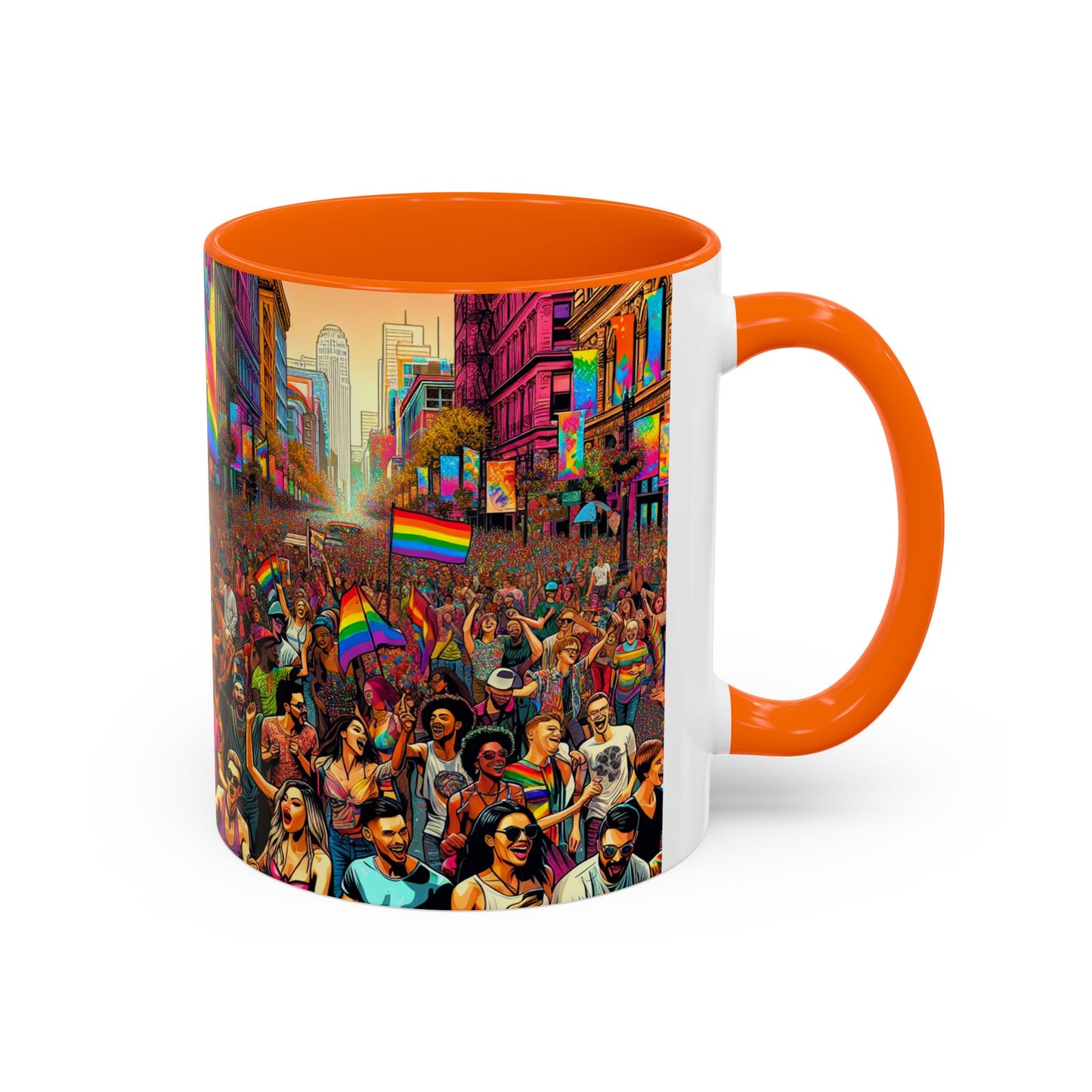 Pride Parade Accent Coffee Mug, Vibrant Rainbow Design, LGBTQ+ Celebration Mug, Colorful Drinkware for Friends, Gift for Pride Month 11oz