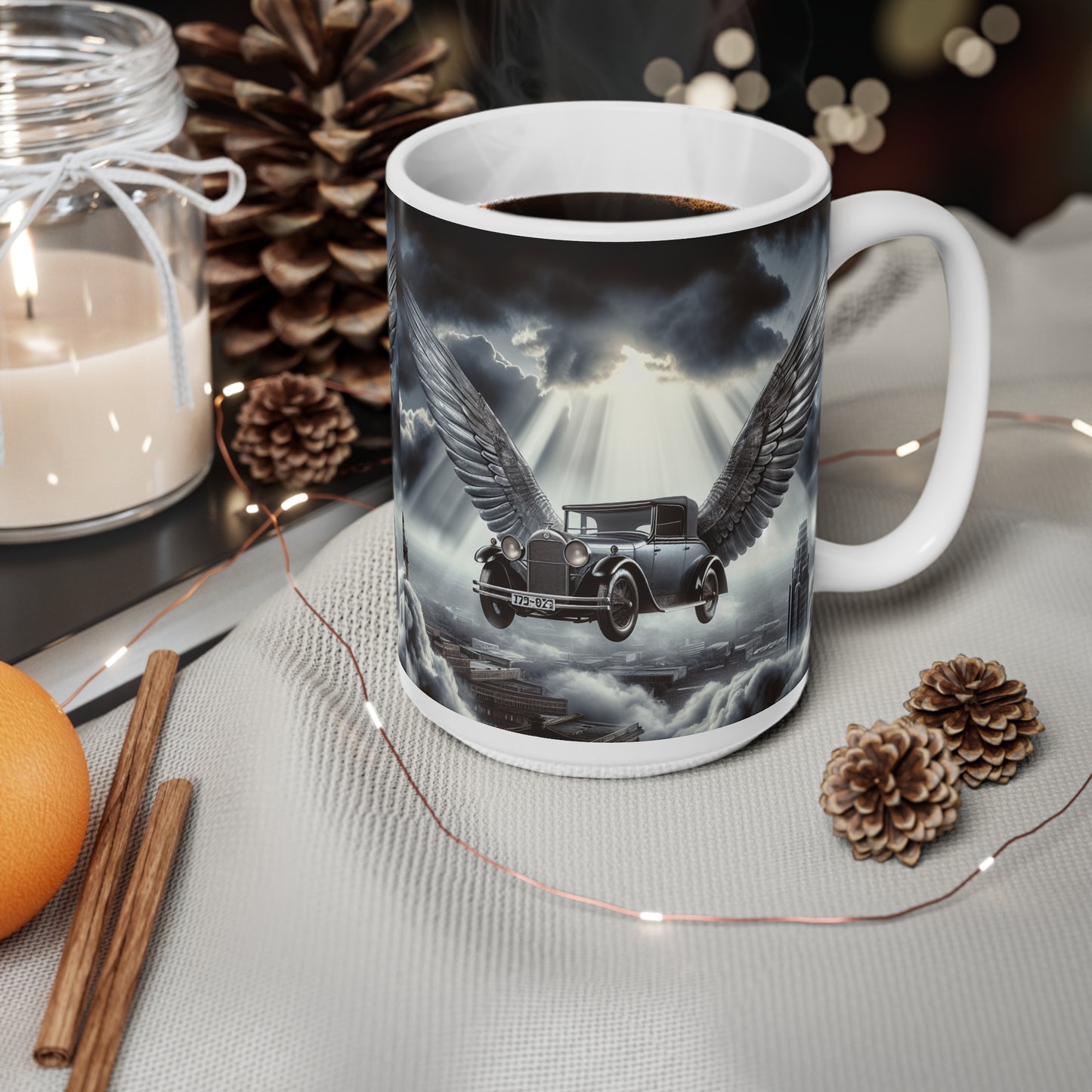 Vintage Winged Car Ceramic Coffee Mug, Ideal for Car Lovers, Unique Gift for Birthdays, Retro Aesthetic Mug, Fantasy Coffee Cup, peaky