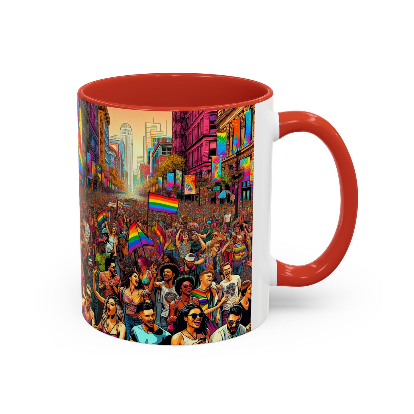 Pride Parade Accent Coffee Mug, Vibrant Rainbow Design, LGBTQ+ Celebration Mug, Colorful Drinkware for Friends, Gift for Pride Month 11oz