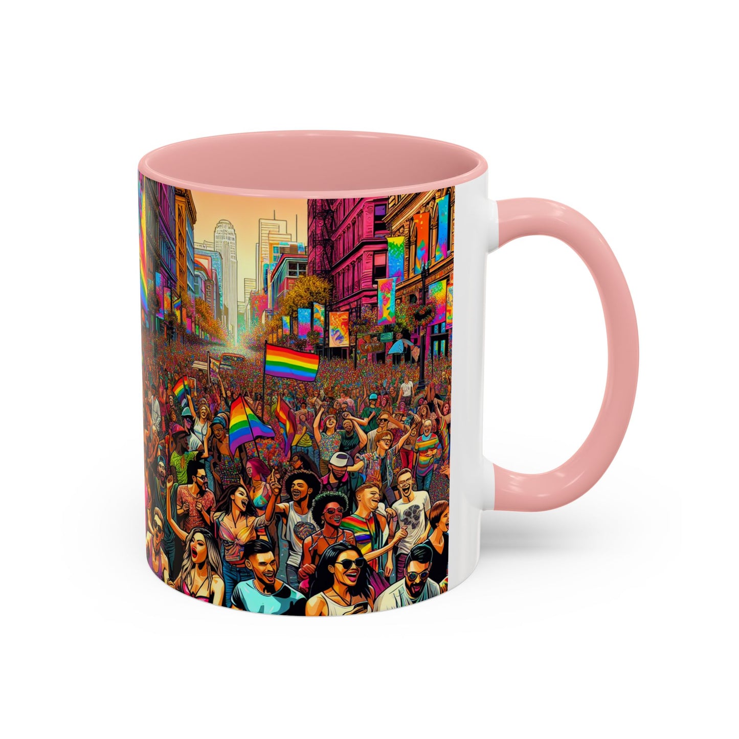 Pride Parade Accent Coffee Mug, Vibrant Rainbow Design, LGBTQ+ Celebration Mug, Colorful Drinkware for Friends, Gift for Pride Month 11oz