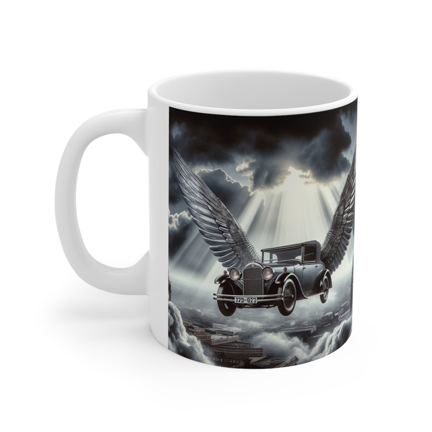 Vintage Winged Car Ceramic Coffee Mug, Ideal for Car Lovers, Unique Gift for Birthdays, Retro Aesthetic Mug, Fantasy Coffee Cup, peaky