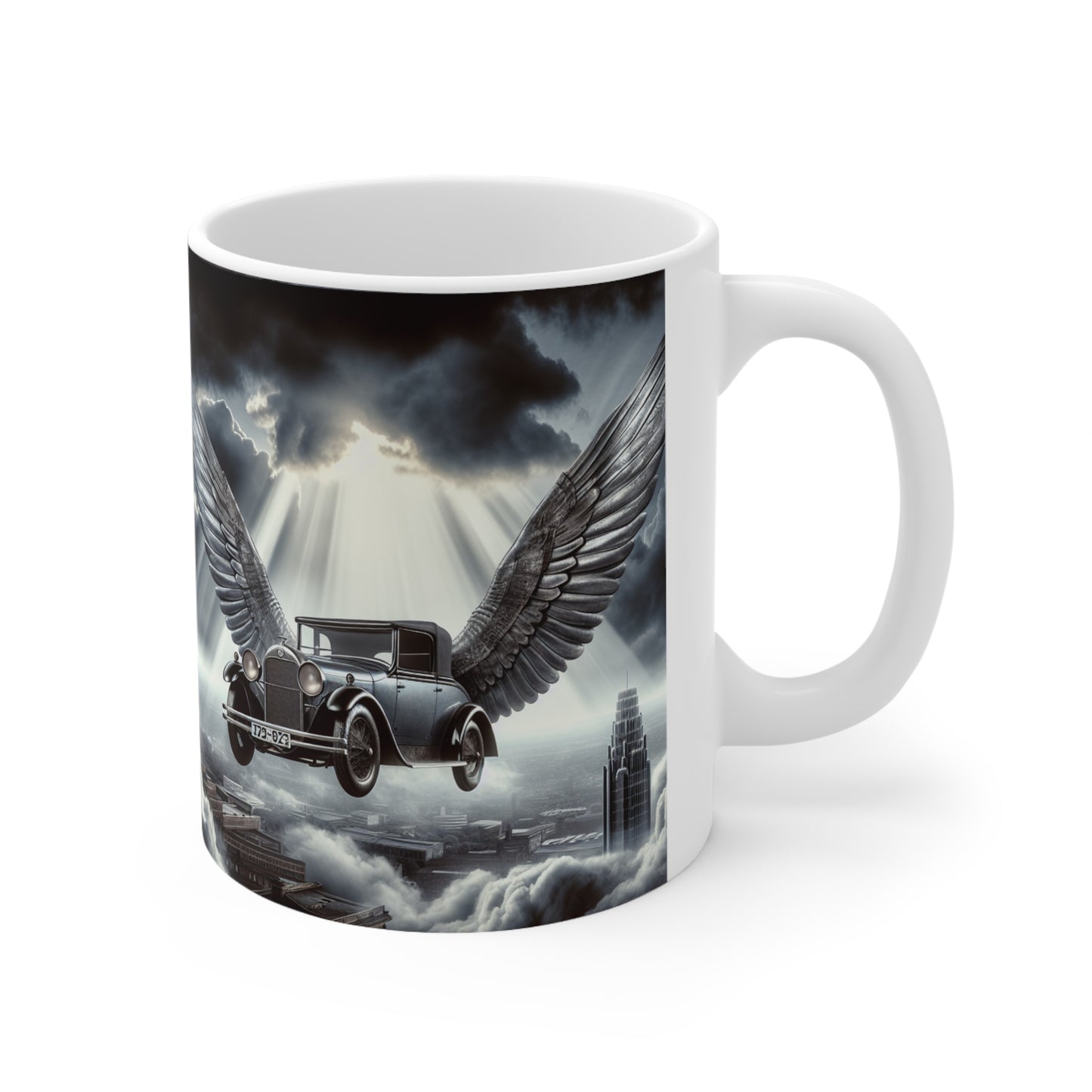 Vintage Winged Car Ceramic Coffee Mug, Ideal for Car Lovers, Unique Gift for Birthdays, Retro Aesthetic Mug, Fantasy Coffee Cup, peaky