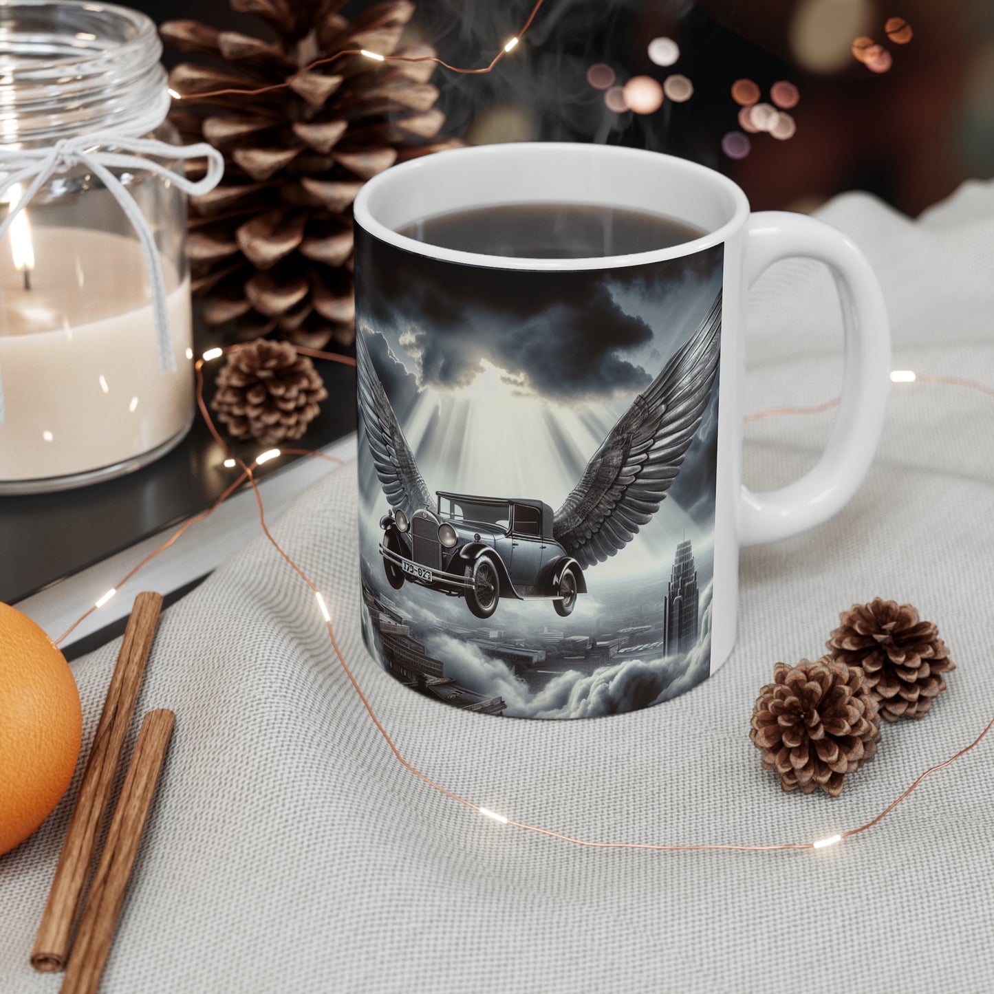Vintage Winged Car Ceramic Coffee Mug, Ideal for Car Lovers, Unique Gift for Birthdays, Retro Aesthetic Mug, Fantasy Coffee Cup, peaky